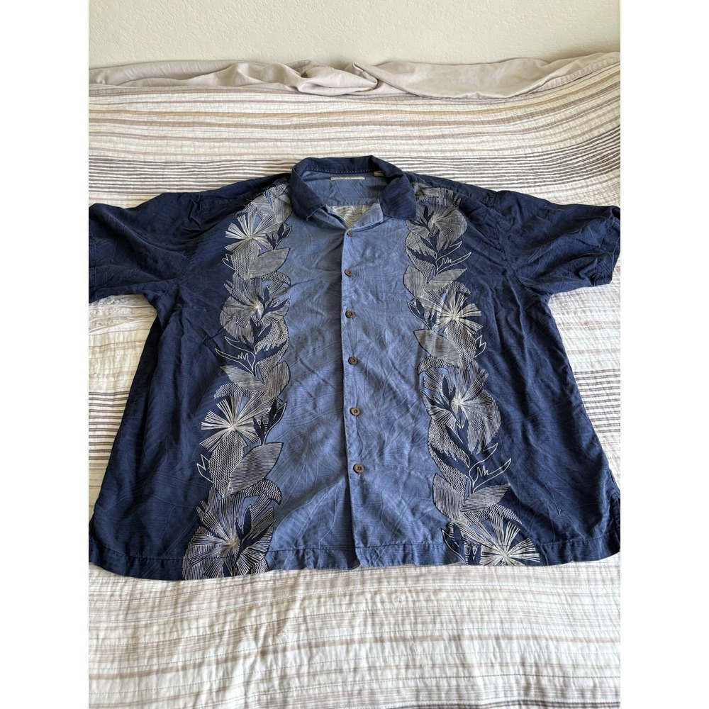 Tommy Bahama Button-Up Shirt Blue Palm Leaves Floral Print XXL Short Sleeve Mens